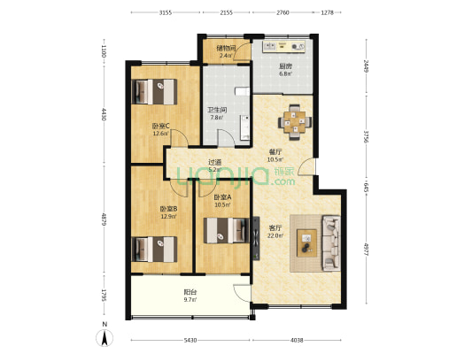 安然家园 3室2厅1卫 120平方