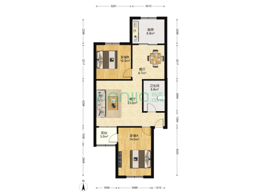 枫叶苑北区 2室2厅1卫 88平方