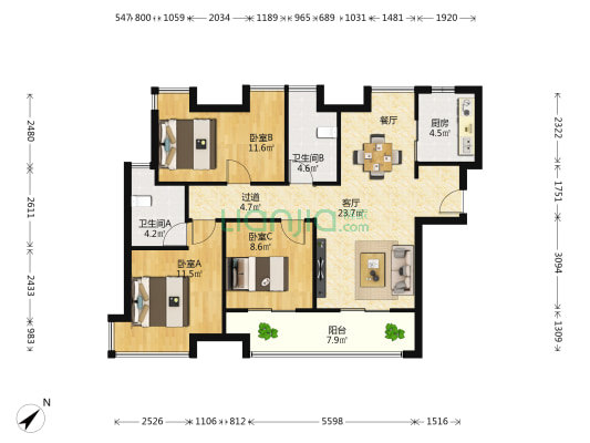 中粮云玺壹号一期 3室1厅2卫 108平方