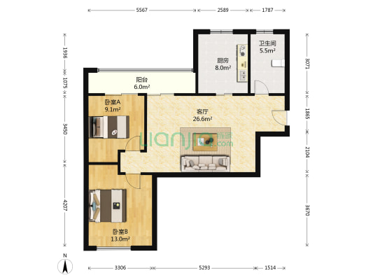 爱家金河湾南区 2室1厅1卫 91平方