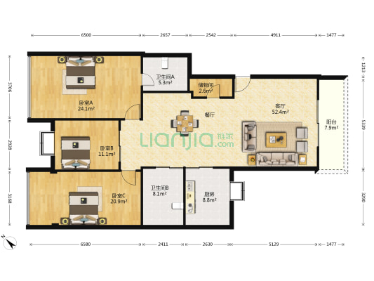 盈安大厦 3室1厅2卫 156平方