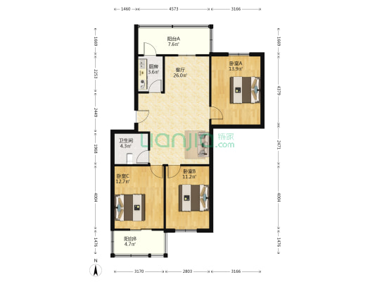 公务员小区 3室1厅1卫 107平方