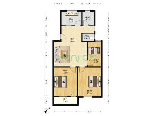 金泽苑小区 3室1厅2卫 102平方