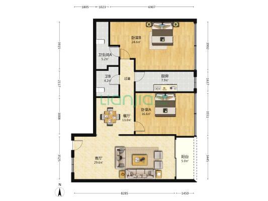 丽景国旅 2室2厅2卫 114平方