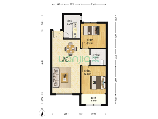 海尔鼎世华府C区 2室1厅1卫 87平方