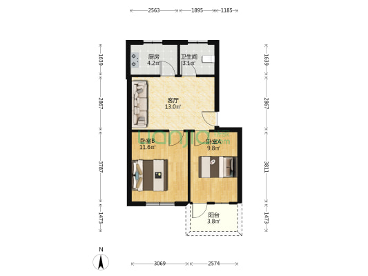 交警大队南宿舍 2室1厅1卫 63平方