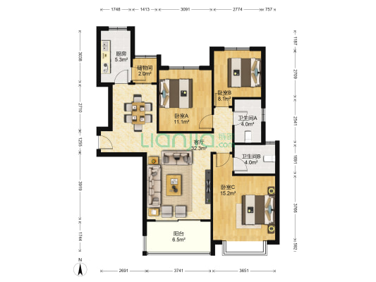 恒大翡翠华庭 3室1厅2卫 128平方