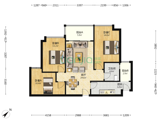 恒大文化旅游城二期 3室1厅1卫 80平方