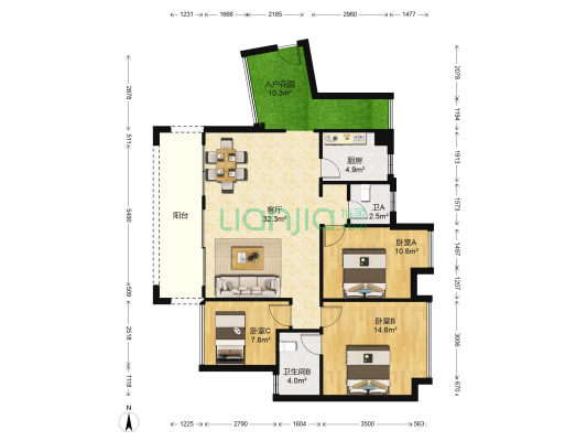 湖滨花园1期 3室1厅2卫 109平方