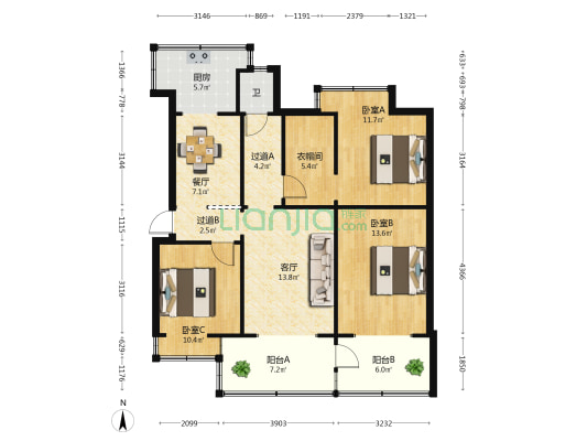 云南师范大学华文学校宿舍 3室2厅1卫 80平方