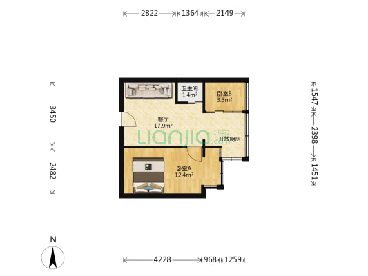 护国路129号 2室1厅1卫 37平方