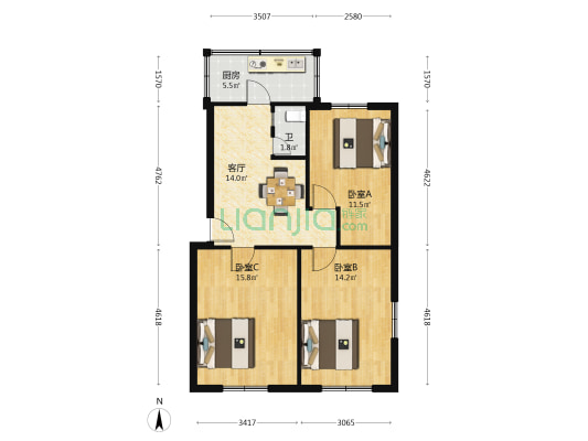 延安路二段 3室1厅1卫 77平方