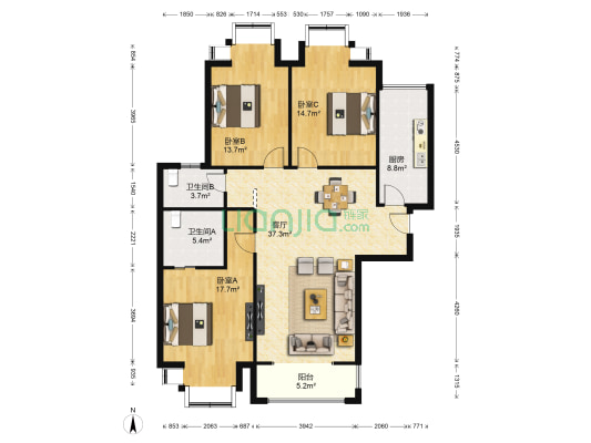 浐灞半岛A5区 3室1厅2卫 137平方