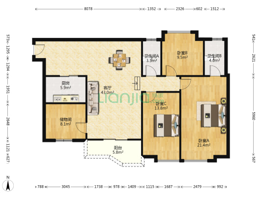 长富广场 3室1厅2卫 142平方