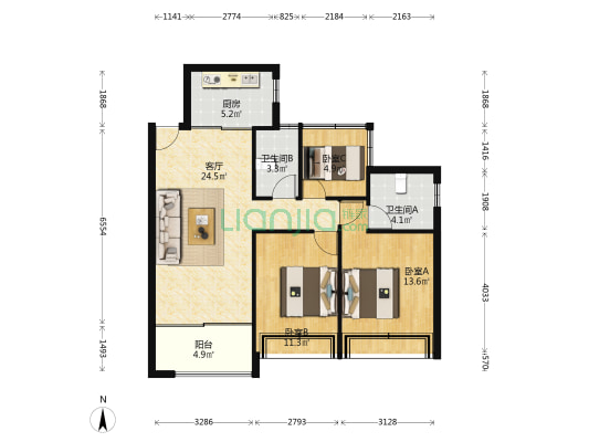 绿地广清国际中心 3室1厅2卫 88平方