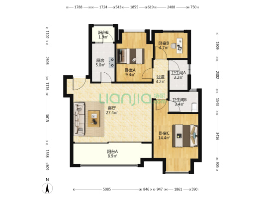 玺樾东方 3室1厅2卫 103平方