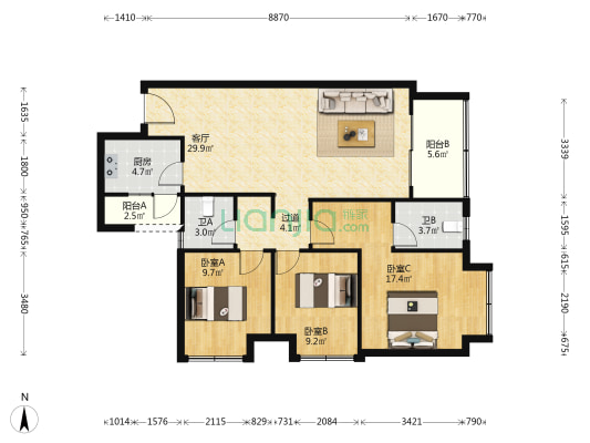 水韵雅苑 3室1厅2卫 106平方