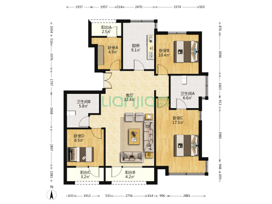 富力盛悦府 4室1厅2卫 129平方