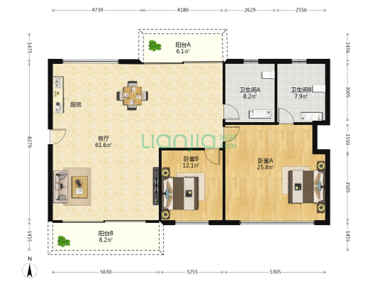 海南之心艺境 2室1厅2卫 147平方