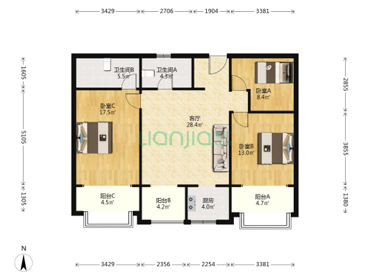 汤臣高尔夫(公寓) 3室1厅2卫 112平方