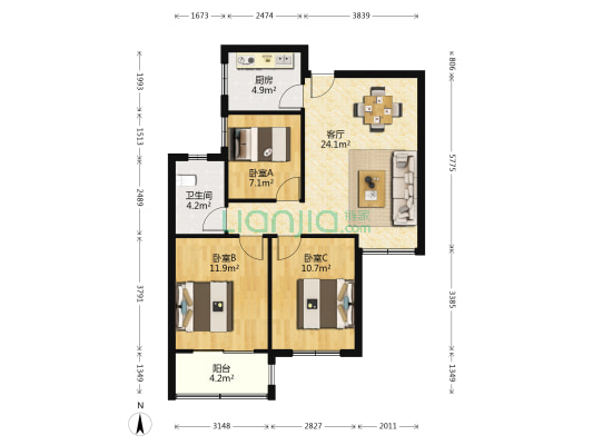 高铁安居小区 3室1厅1卫 90平方