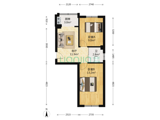 珍珠湖北区 2室1厅1卫 60平方
