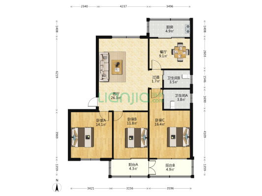 高速住宅 3室2厅2卫 112平方
