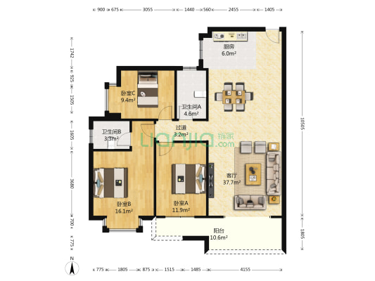 鑫府家园 3室1厅2卫 125平方