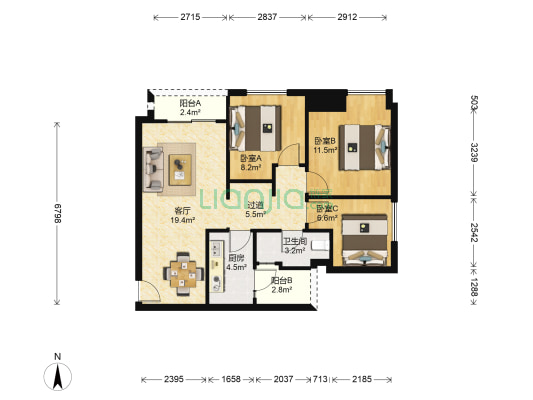 龙湖U城八组团 3室1厅1卫 87平方