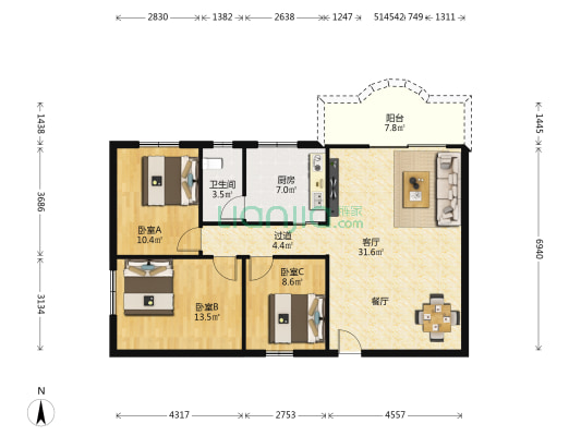 海滨大厦 3室1厅1卫 110平方