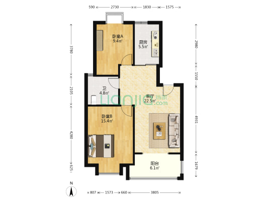 书香门弟 2室1厅1卫 91平方