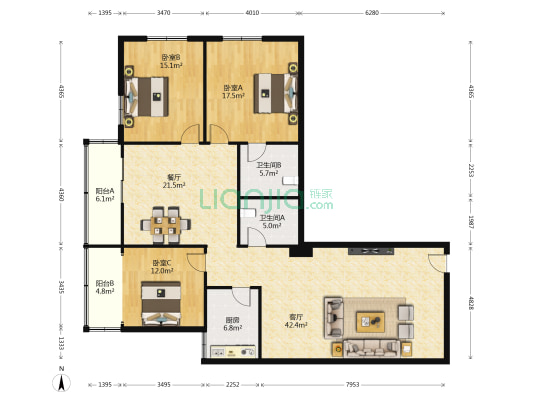 铭爵大厦 3室2厅2卫 179平方