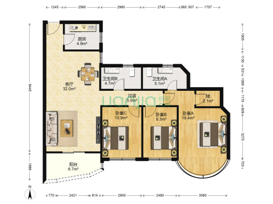 欧陆园 3室1厅2卫 126平方