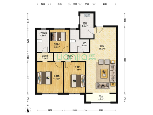 仁恒公园四季 3室1厅2卫 128平方