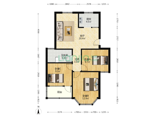 吴模家园东区 3室1厅1卫 87平方