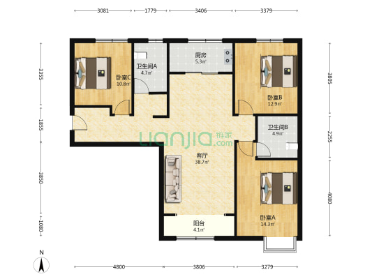 出售翡翠滨江 南北通透三居 精装修-户型图