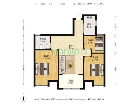 昆仑华府 3室1厅1卫 100平方