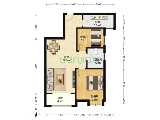 盛世景园 2室1厅1卫 90平方