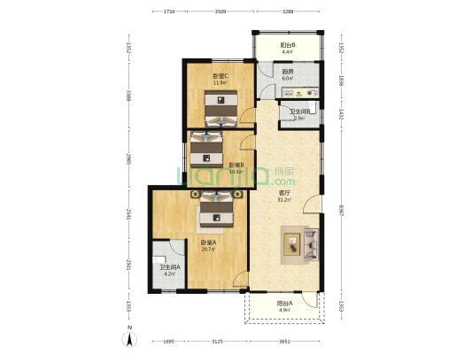 太和花园 3室1厅2卫 113平方