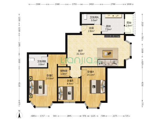 新锦江 3室1厅2卫 129平方
