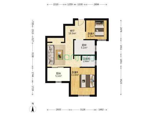 鹤沙航城瑞祥苑 2室1厅1卫 72平方