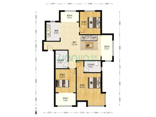 中岛花园 3室1厅2卫 130平方