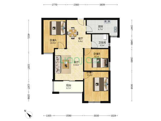 美好名流汇2期 3室2厅1卫 91平方