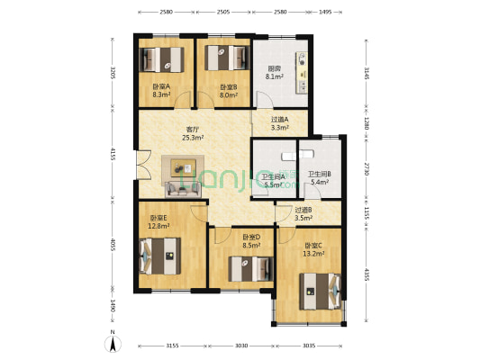 颐中花园 5室1厅2卫 121平方