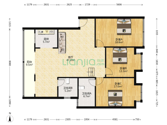 温馨苑 3室1厅2卫 130平方