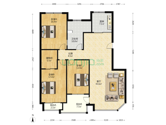 濠河名邸 3室1厅1卫 164平方