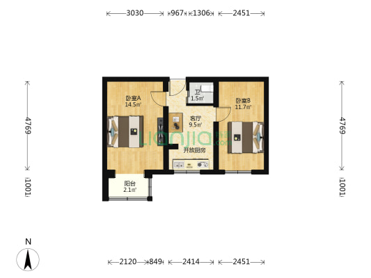 阜成路49号院 2室1厅1卫 51平方