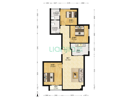 金沙湖高尔夫观邸 3室1厅2卫 127平方