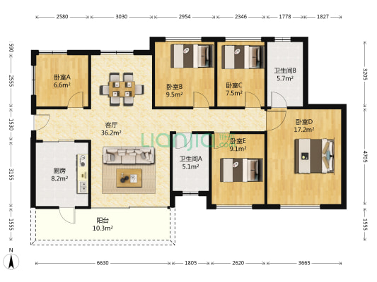 龙光城北十一期 5室1厅2卫 126平方