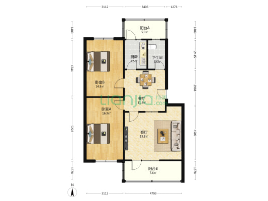 城东小区 2室2厅1卫 96平方